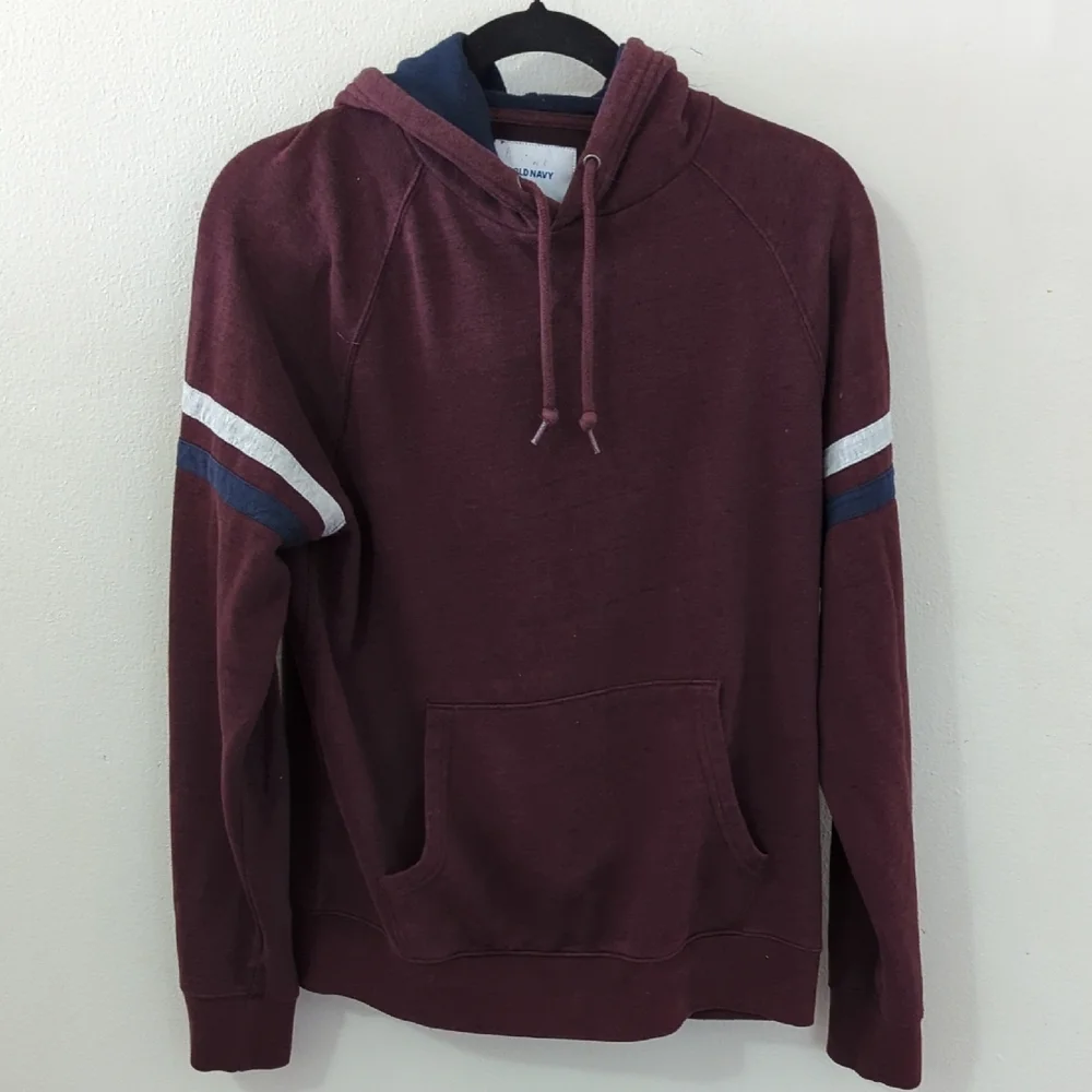 Old Navy Men's Hoodie Maroon Gray Blue Ringer Sleeves Kangaroo Pocket Size S